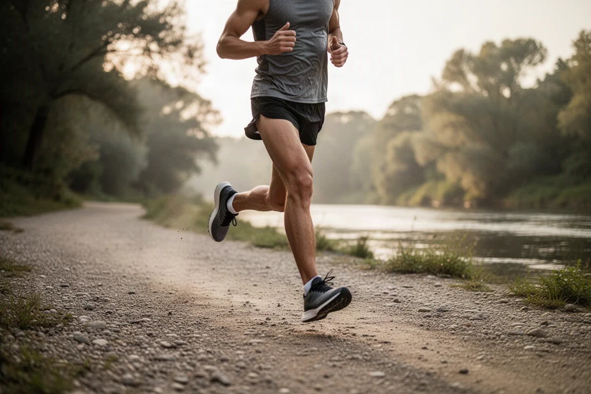 Coureur avançant le long d'un chemin riverain sur du bitume et un sentier damé