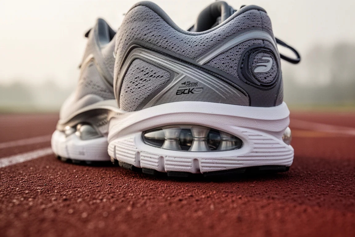 Close-up van de tussenzool en air-unit demping van een hardloopschoen op een atletiekbaan