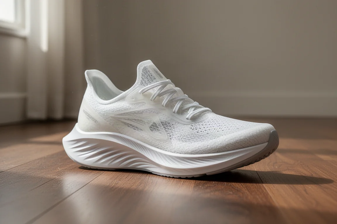 Lichte racing flat met dun bovenwerk liggend op een houten vloer