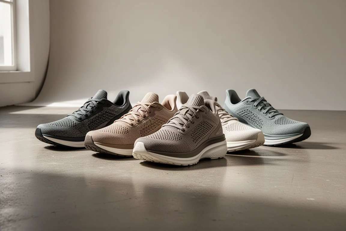 Five modern running shoes lined up on a concrete studio floor