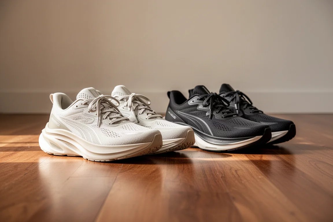 Due paia di scarpe da running affiancate su un pavimento di legno