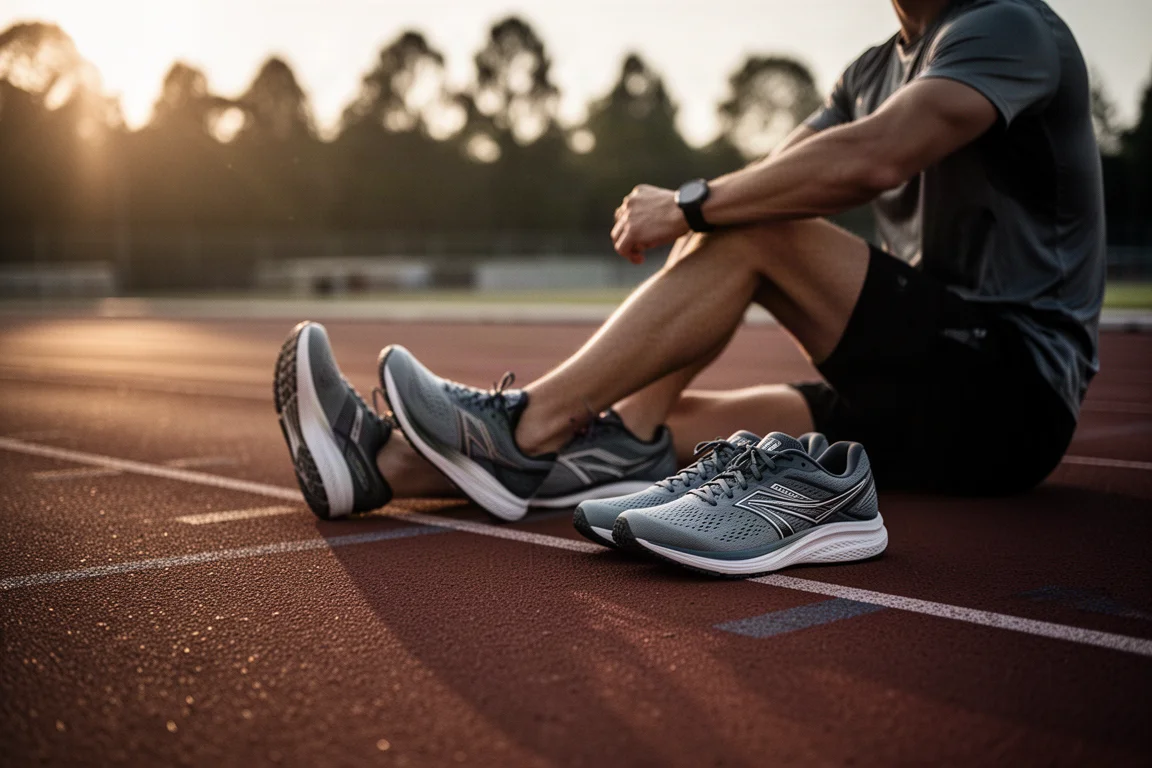 Podista che si allunga accanto a scarpe da running su una pista al tramonto