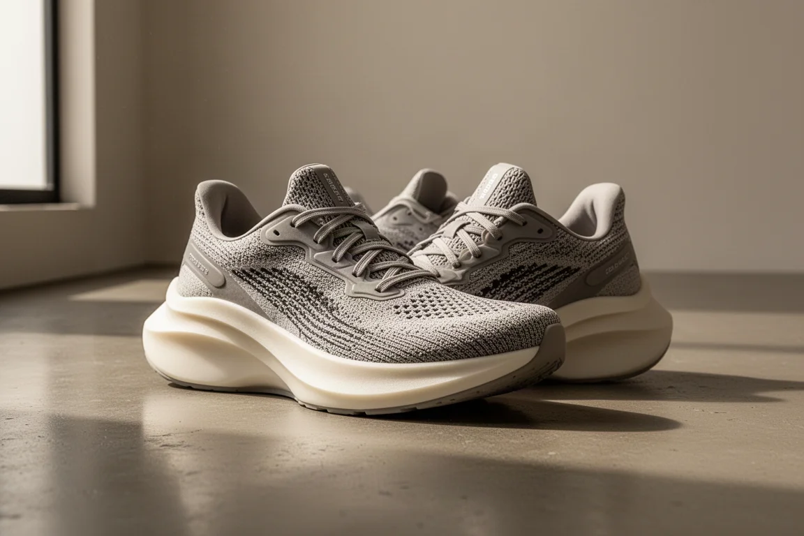 ASICS Novablast 4 running shoes on a concrete studio floor in three-quarter view