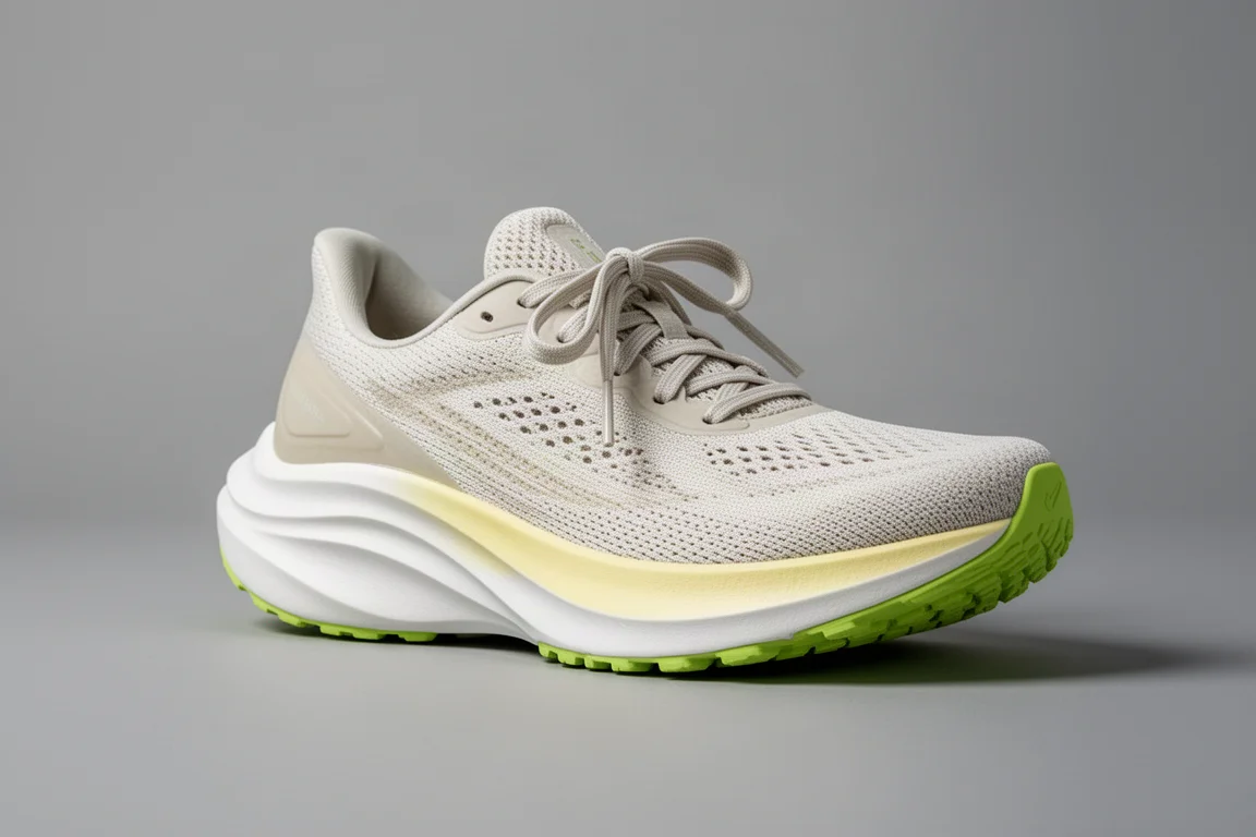 Asics Novablast 4 running shoe with pale upper and green outsole on grey backdrop