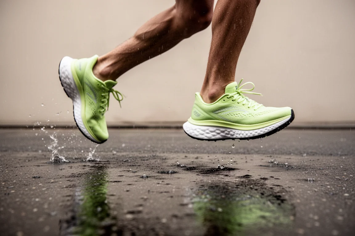 Voeten van een hardloper in limoengroene hardloopschoenen op nat stadsasfalt
