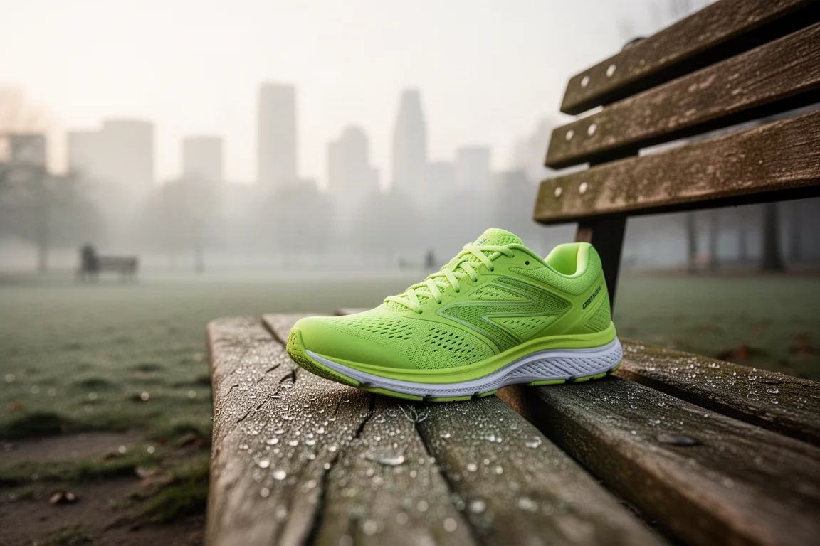 Daily running shoe op een houten bankje naast een sporthorloge