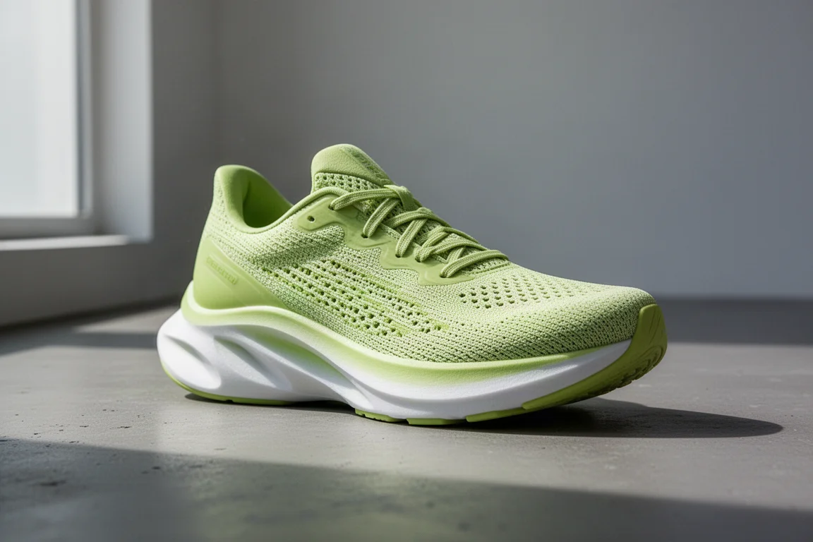 Scarpa da running Asics Novablast 4 verde lime su una superficie di cemento opaco