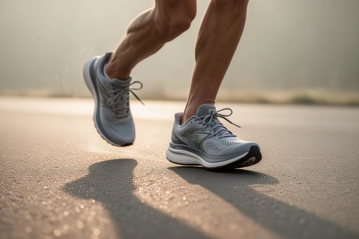 Pieds d'un coureur se posant sur des chaussures de route amorties lors d'une sortie facile du matin