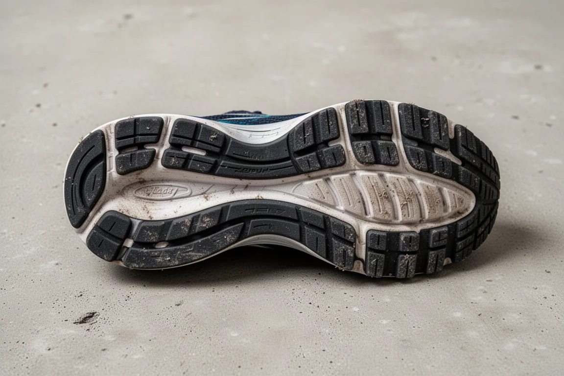 Semelle extérieure d'une chaussure de running montrant le caoutchouc et ses usures