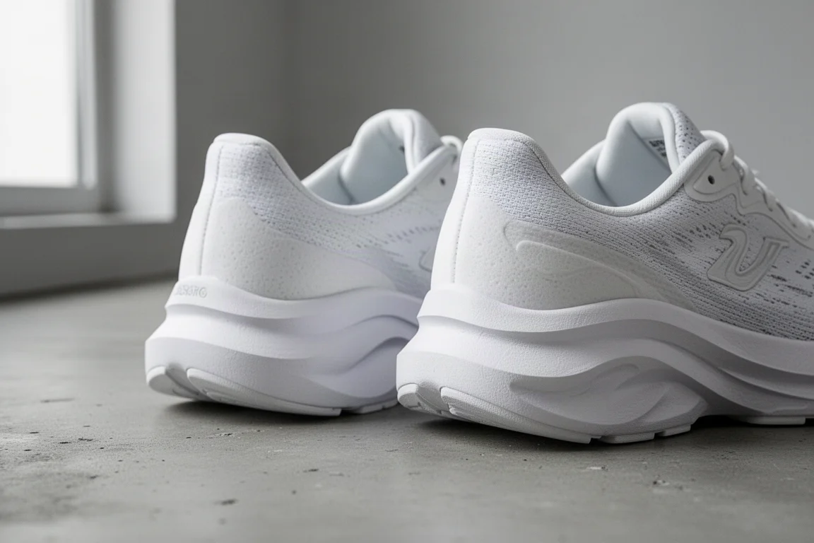 Nahaufnahme der dicken weißen Schaumstoff-Zwischensohlen zweier nebeneinanderstehender Laufschuhe