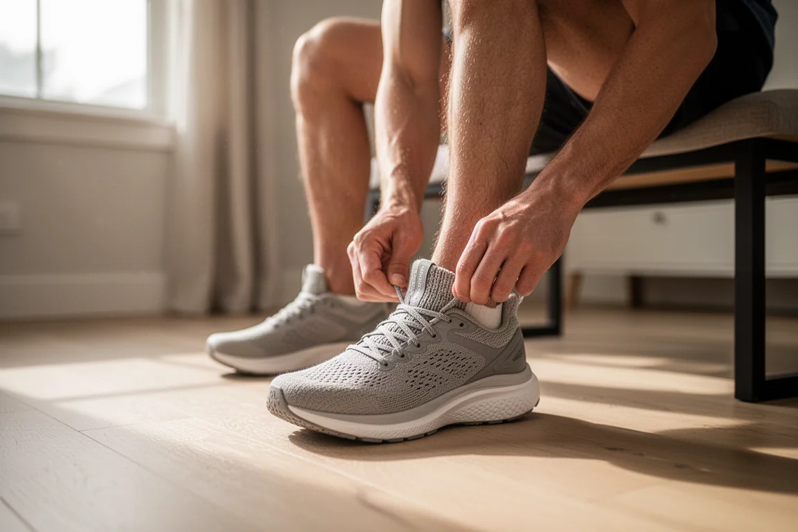 Läufer schnürt einen gepolsterten, gedämpften Laufschuh auf einem Holzboden
