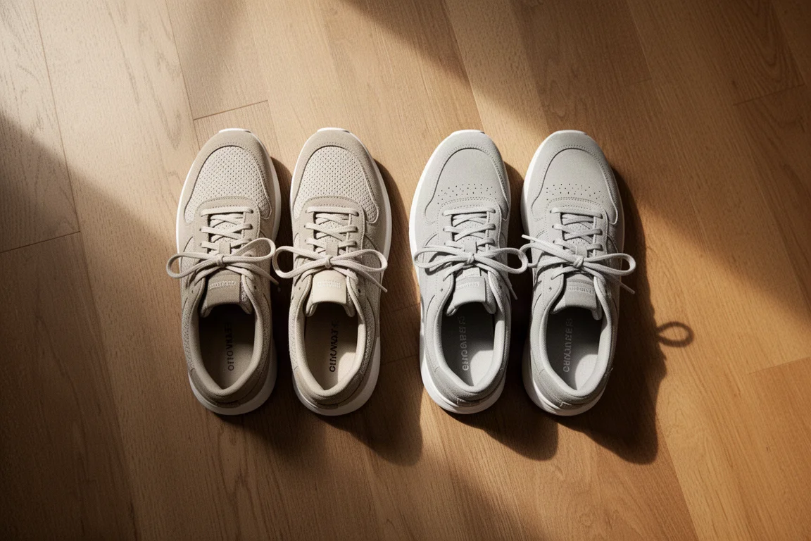 Un coureur attachant deux paires de chaussures de running amorties sur un parquet en bois