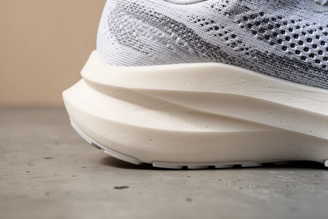 Gros plan sur la semelle intermédiaire haute et amortie d'une chaussure de running sur une surface en béton