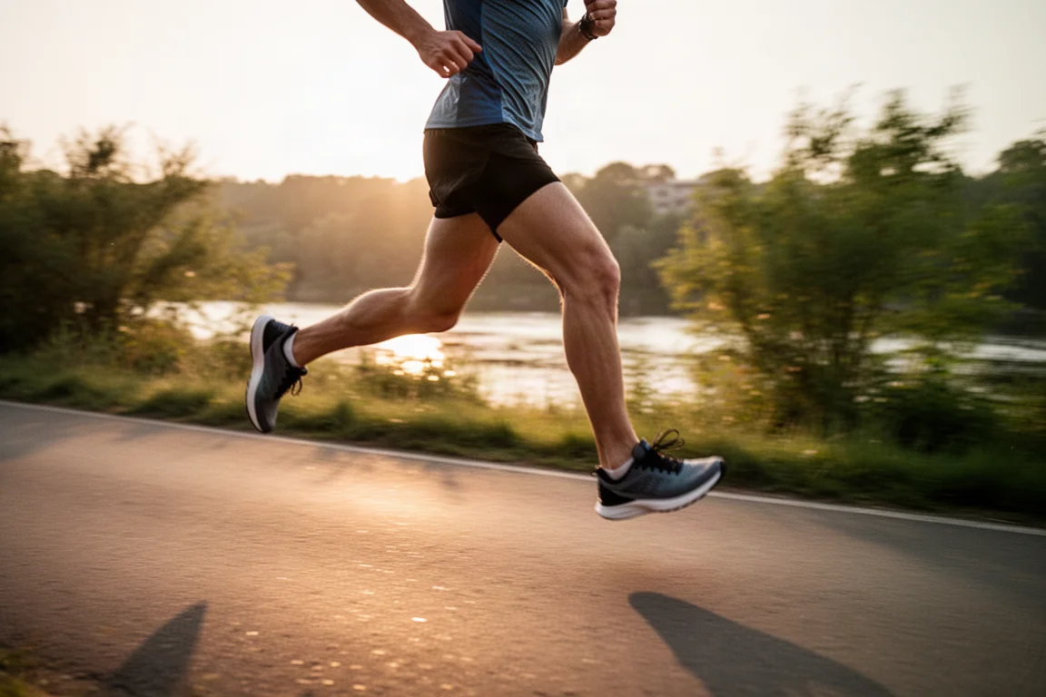 Un coureur glissant le long d'un chemin en bord de rivière sous une douce lumière du soir
