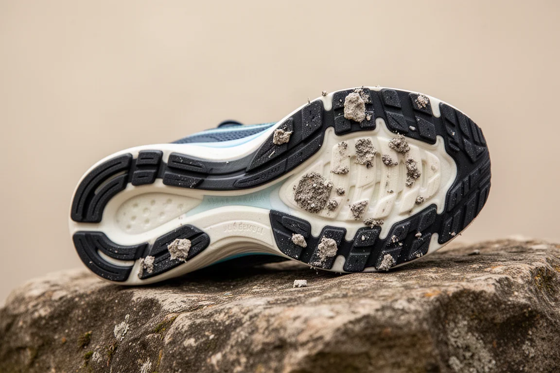 Semelle extérieure d'une chaussure de running montrant la couverture en caoutchouc sur une surface en pierre