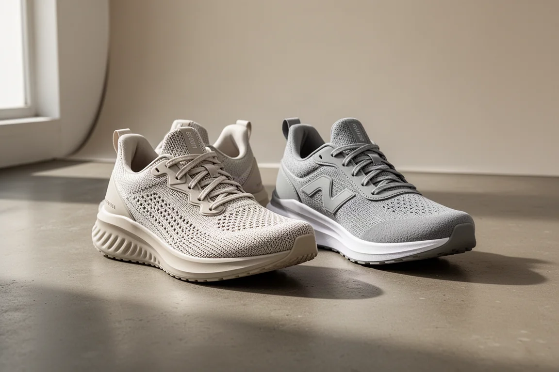 Two cushioned running shoes side by side on a matte concrete studio floor