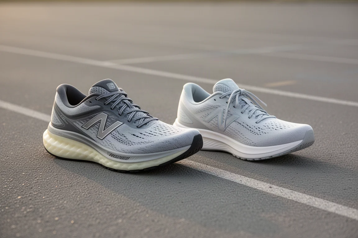 Two running shoes side by side on a track, one visibly thicker in the midsole
