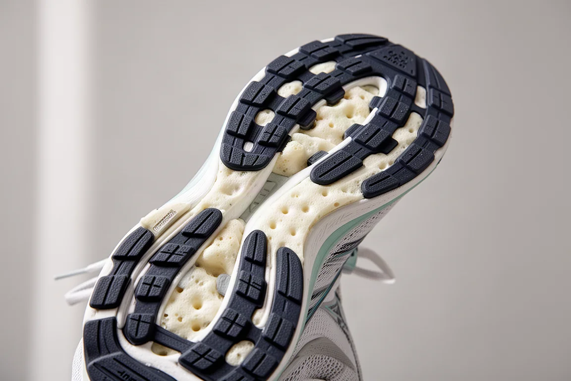 Close-up of a running shoe midsole foam and rubber outsole under natural light