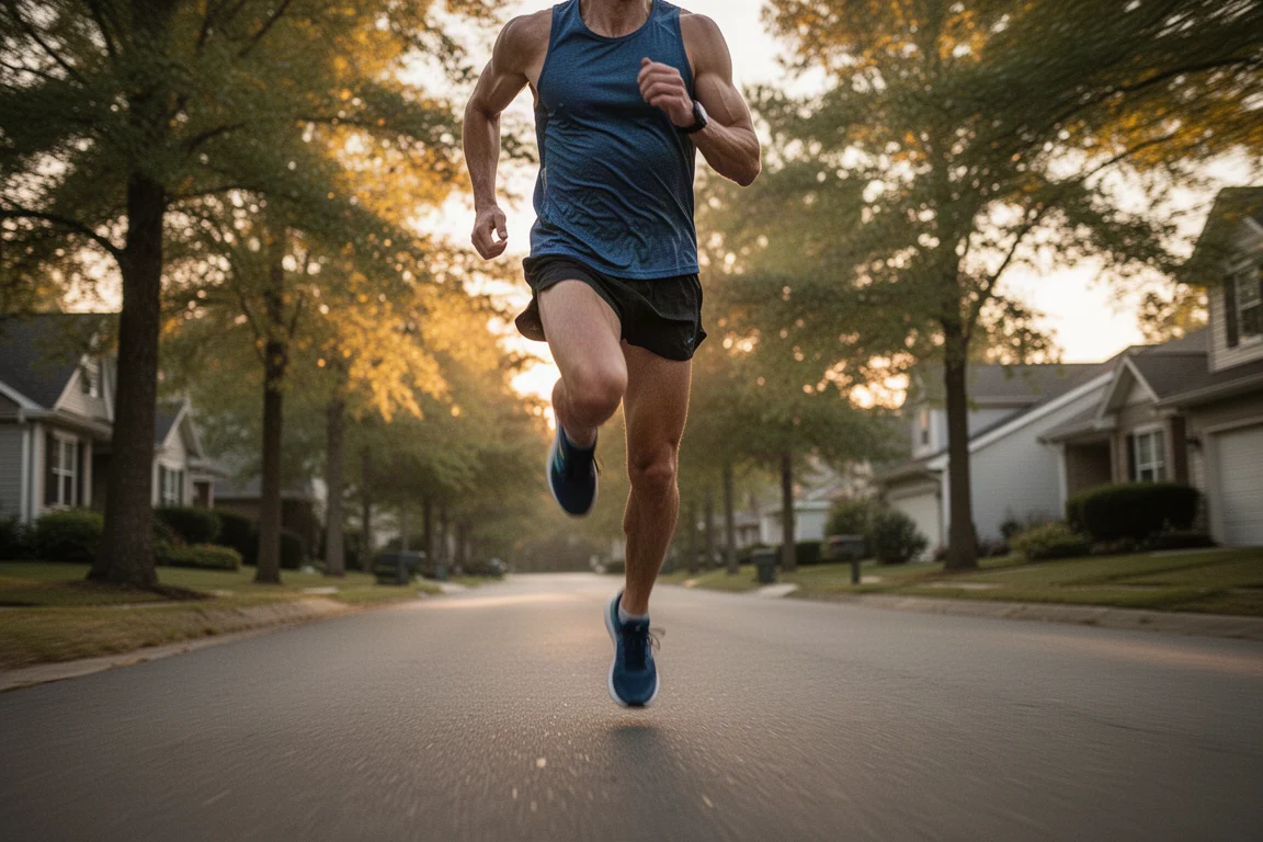 Runner picking up the pace on a tree-lined road at dawn