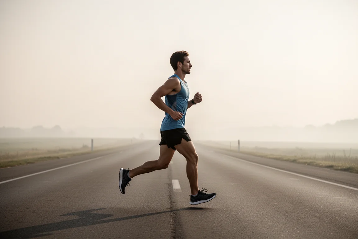 Runner finishing a long easy run on open pavement in soft morning light