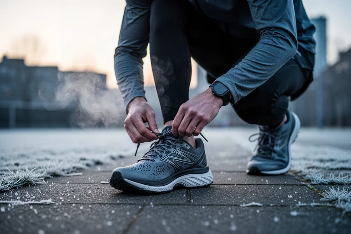 Corredor atándose los cordones de una zapatilla de running de máxima amortiguación sobre un pavimento helado