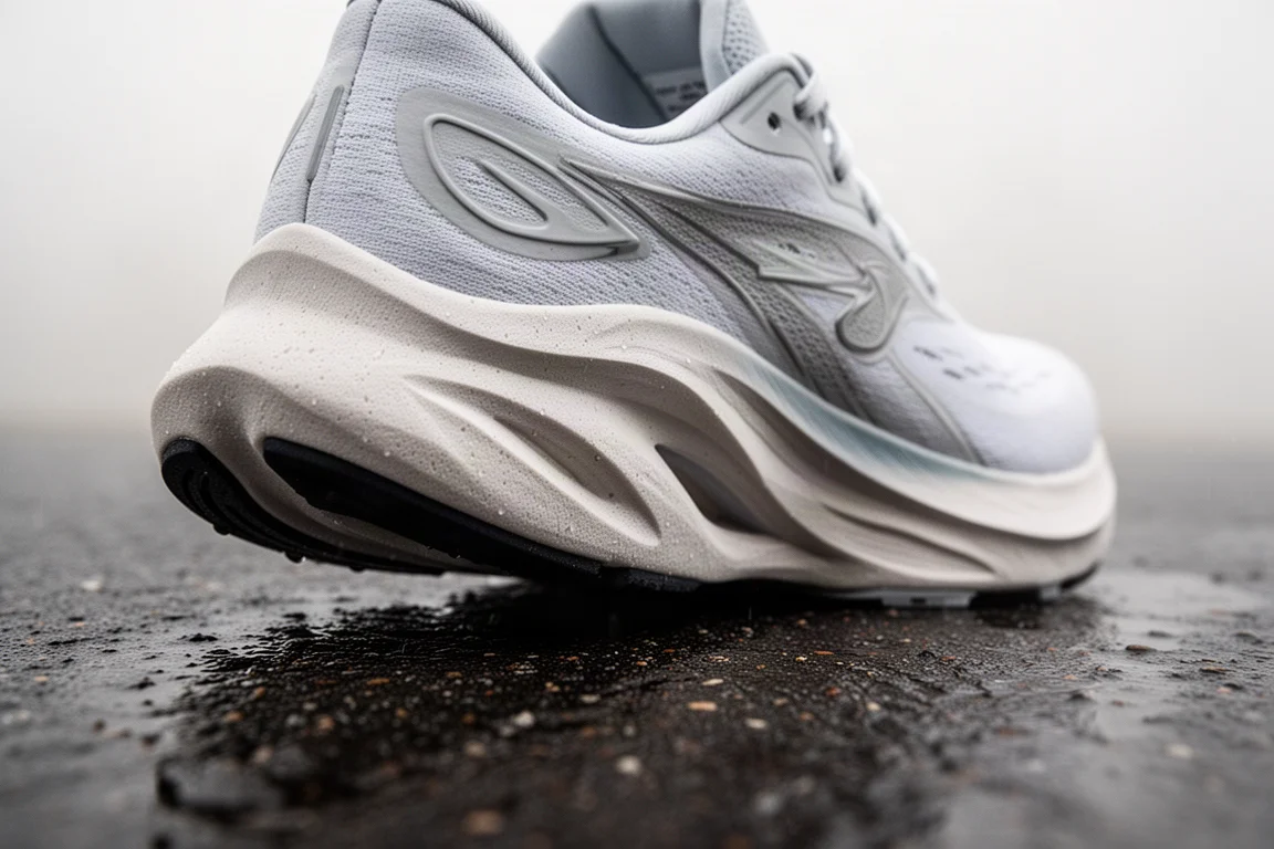 Primer plano de la mediasuela gruesa de una zapatilla de running comprimiéndose en una carretera mojada