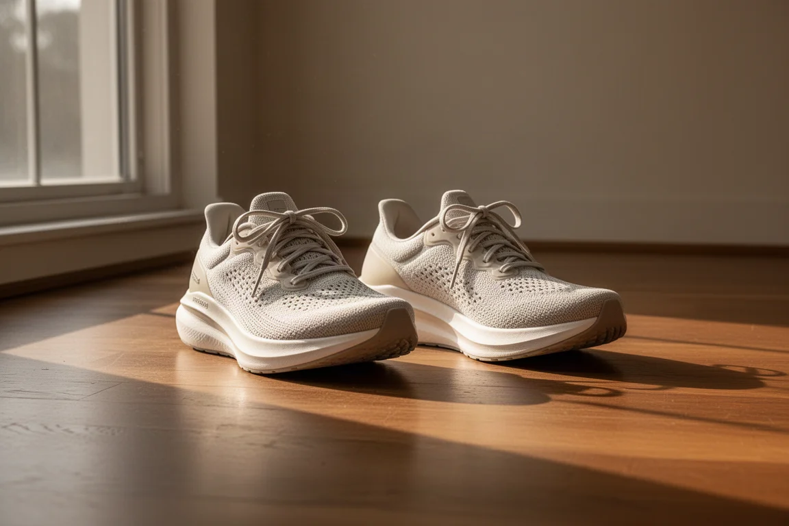 Dos zapatillas de running lado a lado sobre un suelo de madera con luz cálida