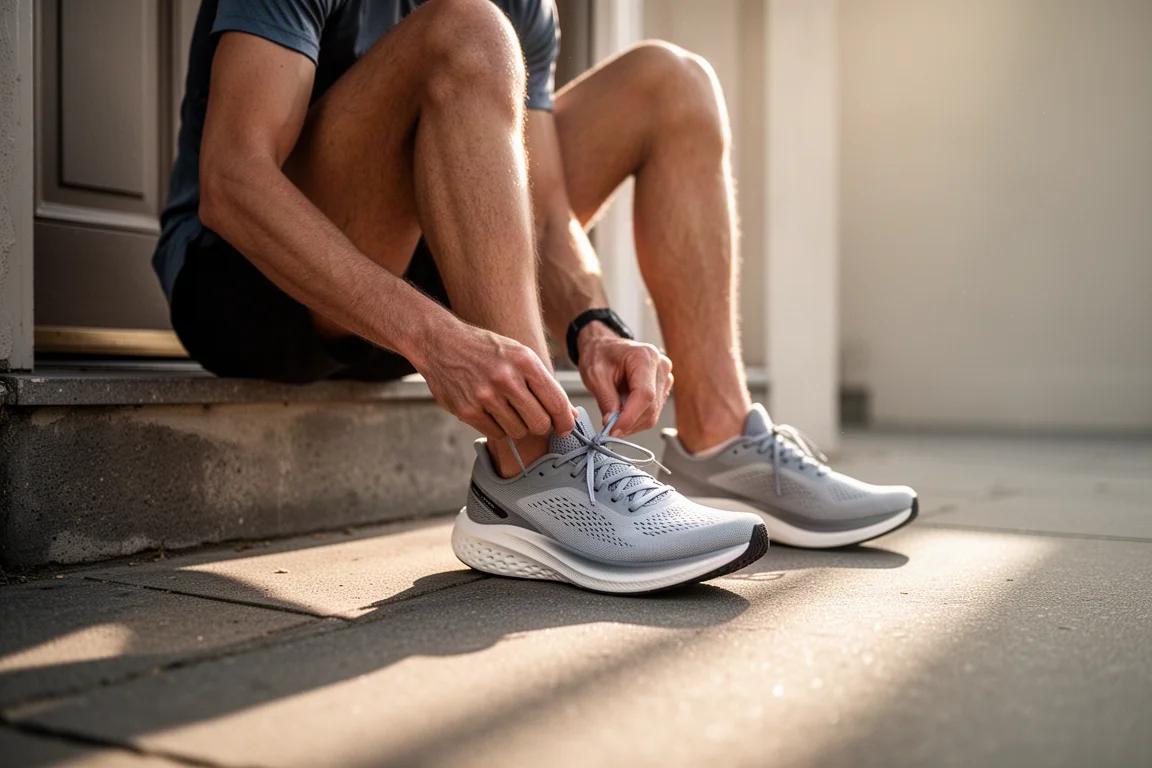 Hardloper strikt een lichtgewicht daily trainer op een stoeprand voor een rustige looptraining