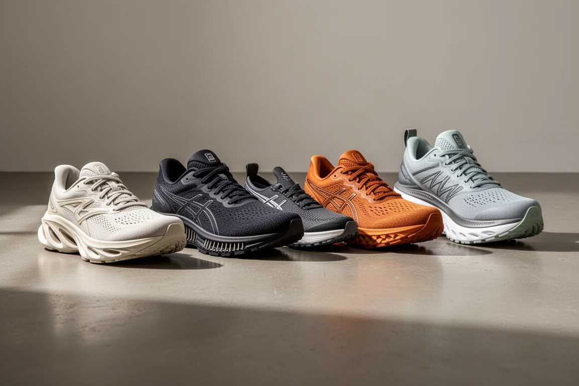 Five running shoes lined up on a concrete floor for comparison