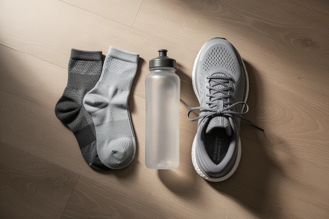 Un runner che allaccia due scarpe da running diverse fianco a fianco su un pavimento di legno