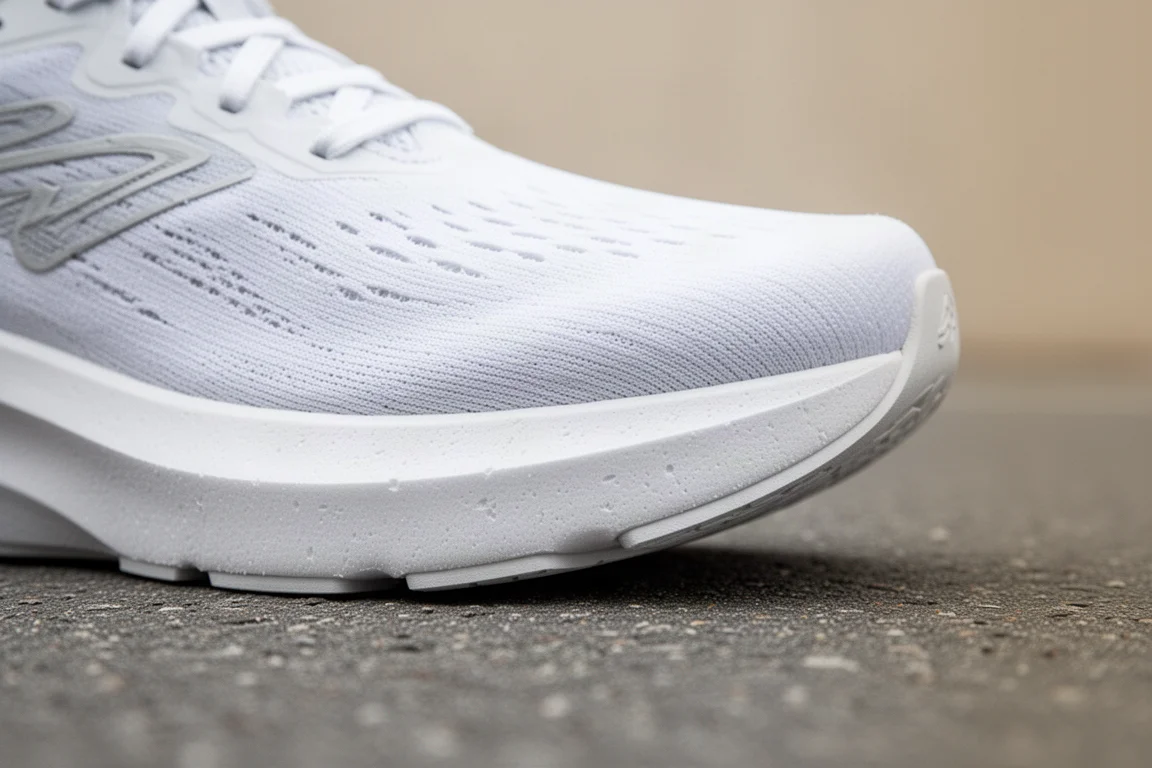 Primo piano della schiuma spesso e ammortizzata della suola intermedia di una scarpa da running sull'asfalto