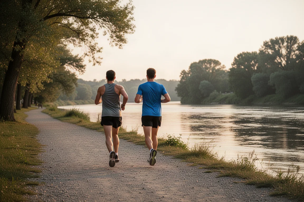 Un runner che corre lungo un sentiero sul fiume nella luce soffusa della sera