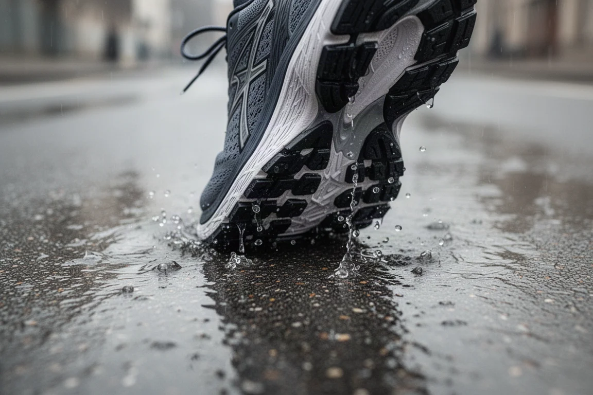 Superficie stradale bagnata con dettaglio visibile del grip della suola esterna di una scarpa da running