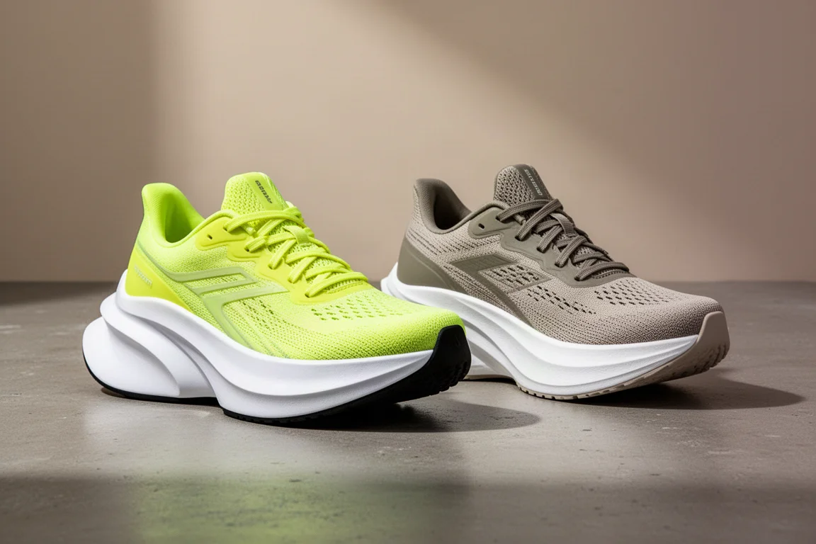 Two running shoes side by side on a concrete surface, one with a thick oversized midsole