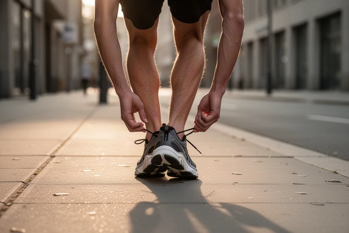 Läufer schnürt die Schnürsenkel eines gedämpften Daily Trainers auf einem Gehweg am frühen Morgen