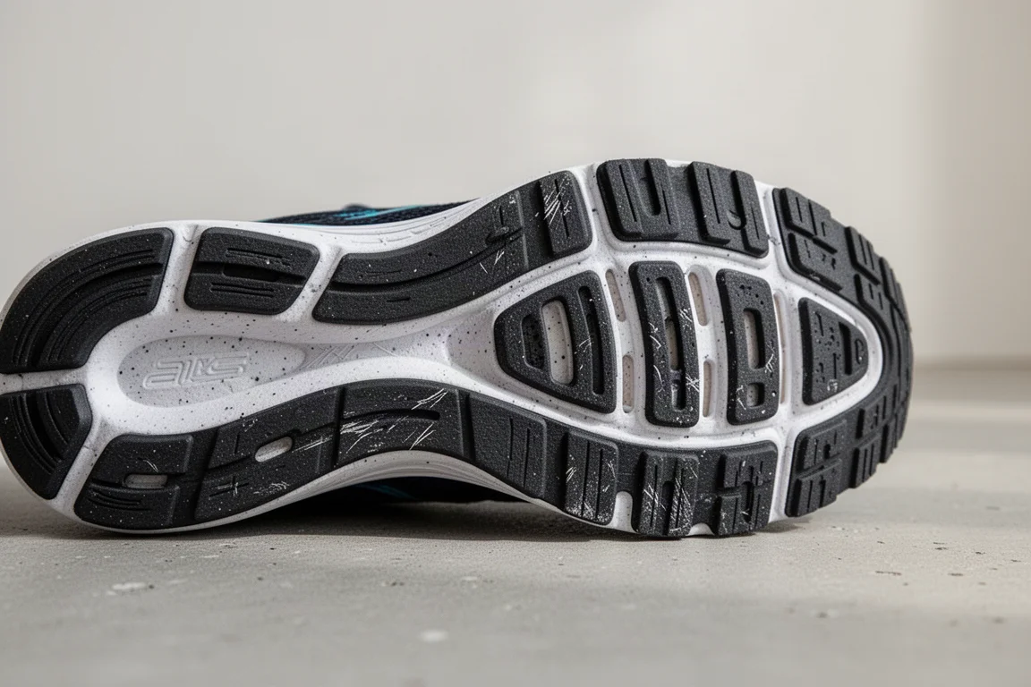 Nahaufnahme einer abgenutzten Laufschuh-Außensohle mit Mittelsohlenschaum und Gummibedeckung