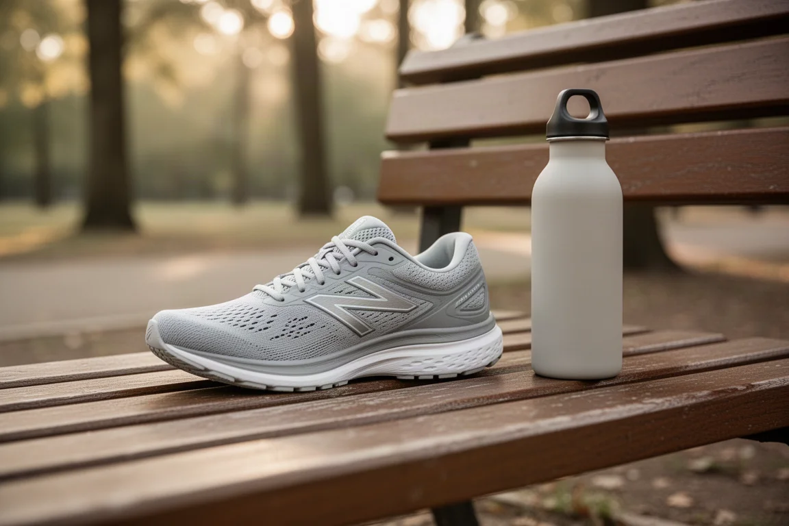 Daily Trainer auf einer Holzbank neben einer laufenden Wasserflasche