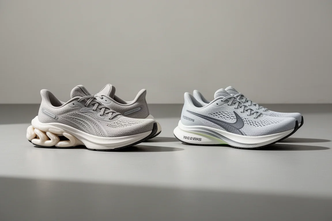 Zwei Paar Laufschuhe nebeneinander auf einem Studioboden zum Vergleich
