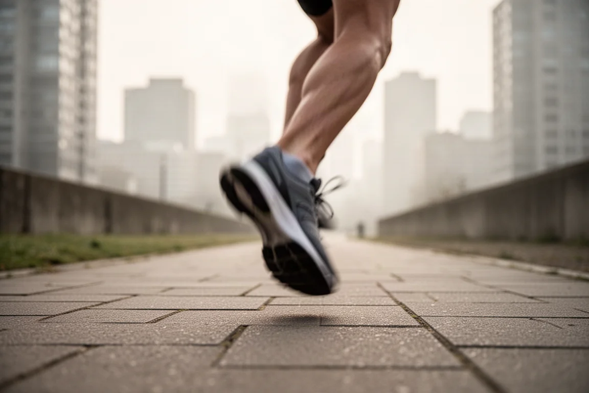 Primo piano di una midsole bianca spessa di una scarpa da running che si comprime su strada asfaltata