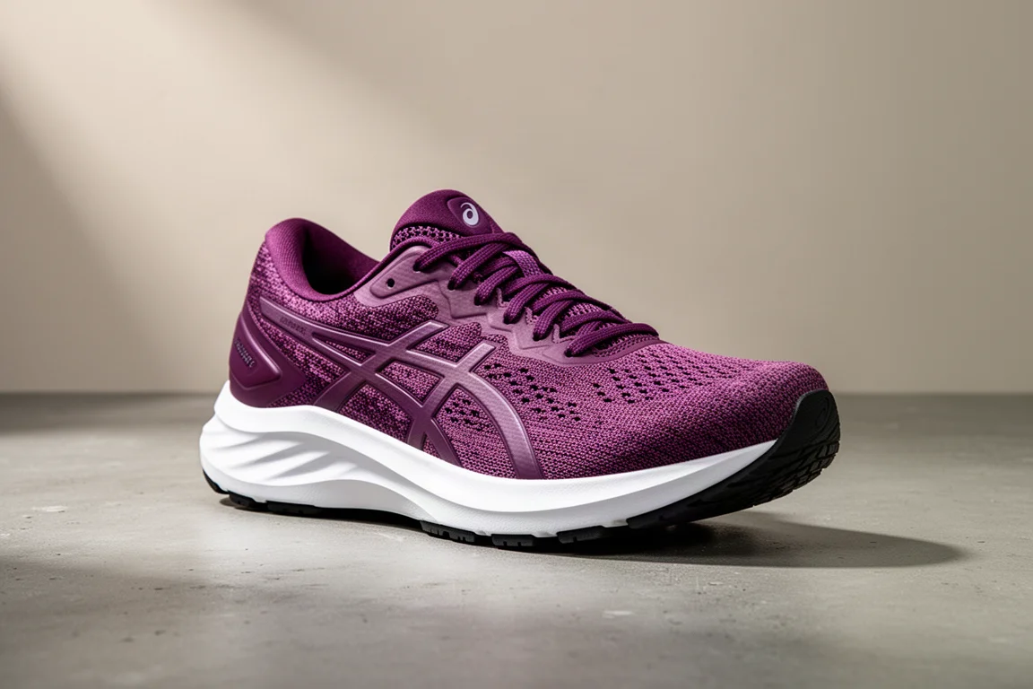 Plum daily running shoe with thick white midsole on a concrete surface