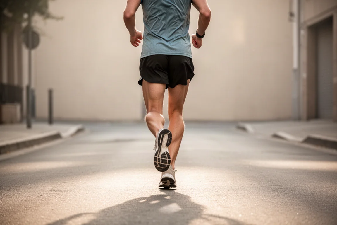 Runner lacing up a soft-cushioned running shoe before a morning run