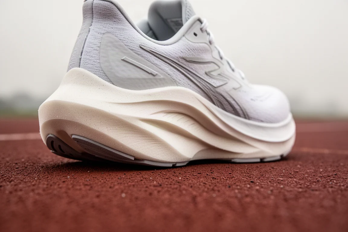 Close-up of a sculpted running shoe midsole showing heel cutout and foam