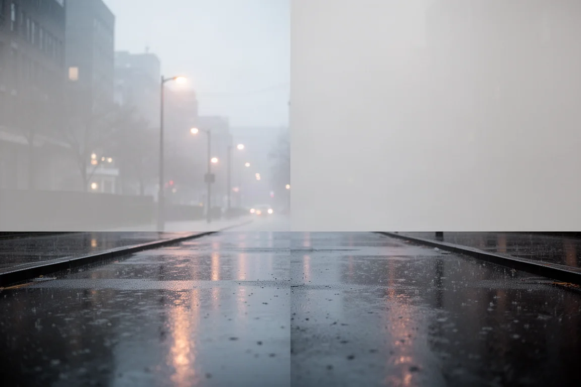 Runner cruising along a wet city pavement at dusk