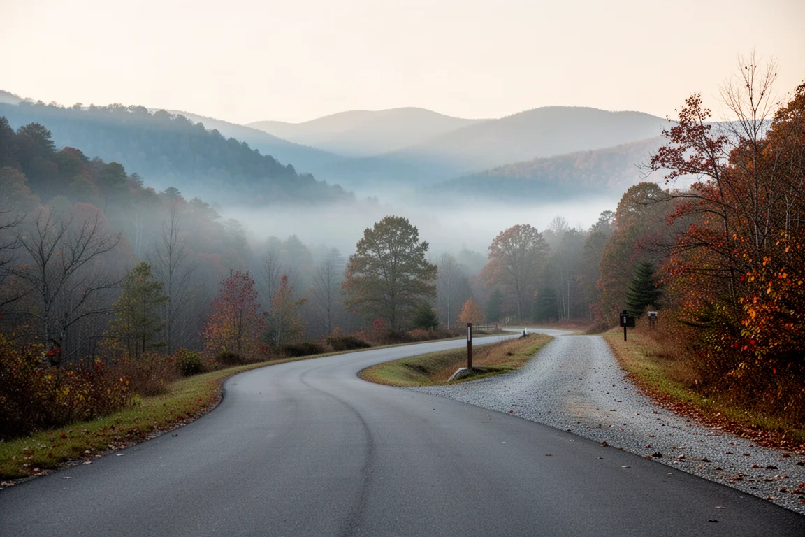 Runner starting a trail run from a paved mountain road junction