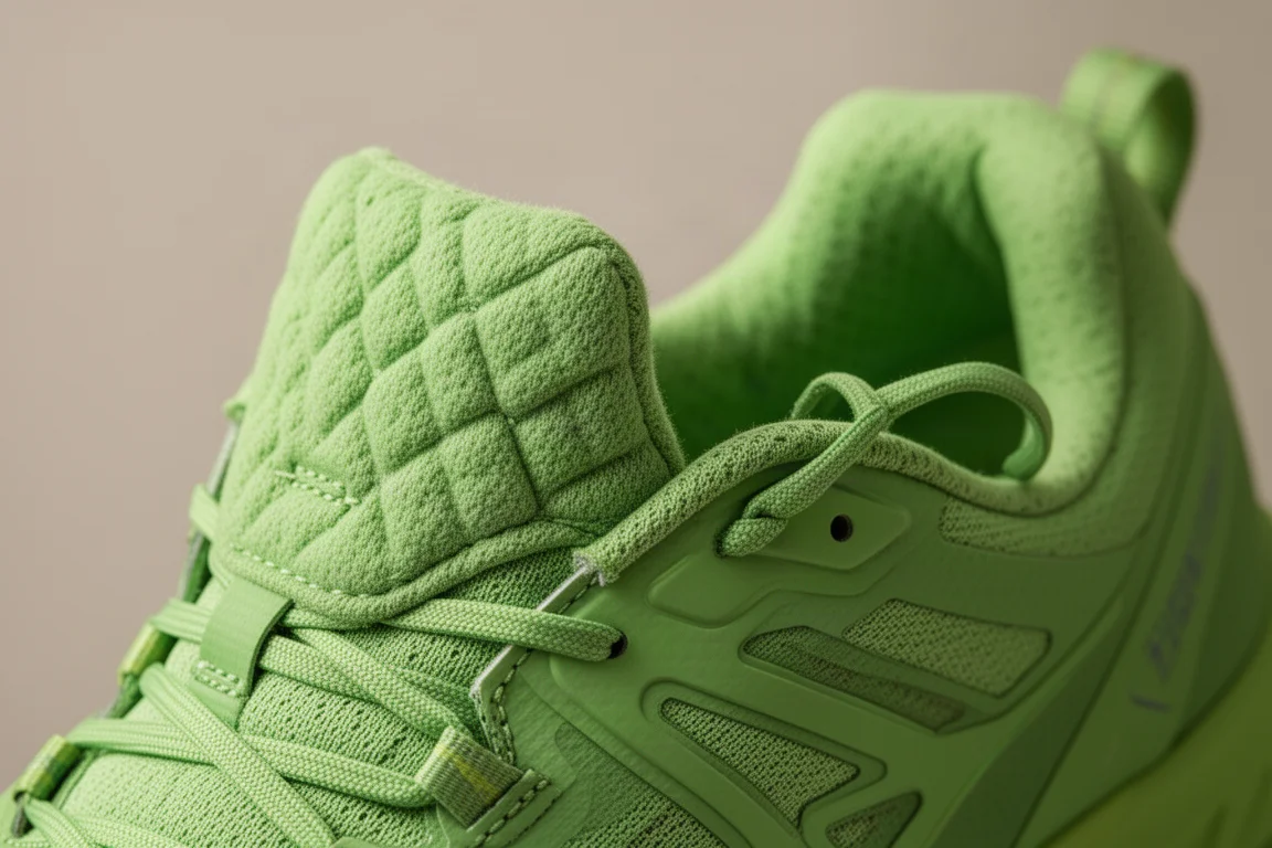 Close-up of a padded running shoe tongue with overlays