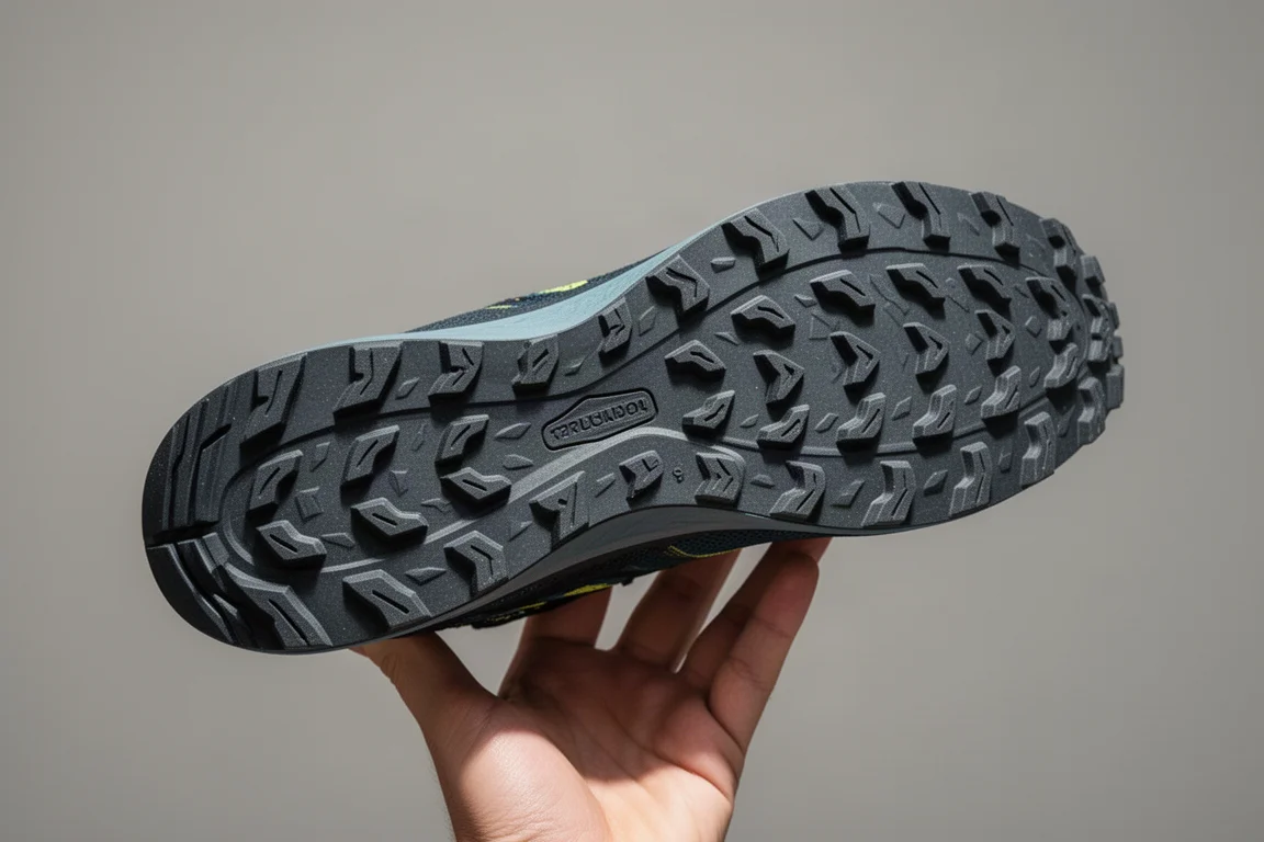 Flat rubber outsole of a trail shoe seen from below