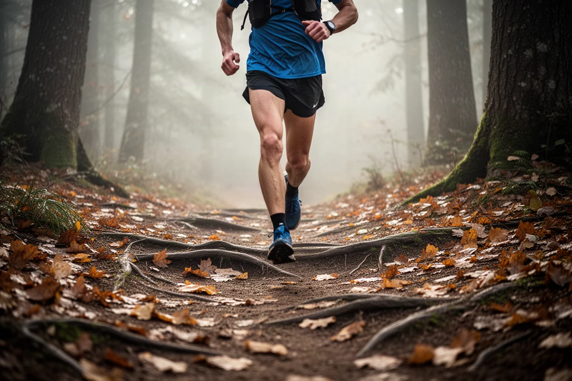 Trail runner descending a leaf-covered forest path