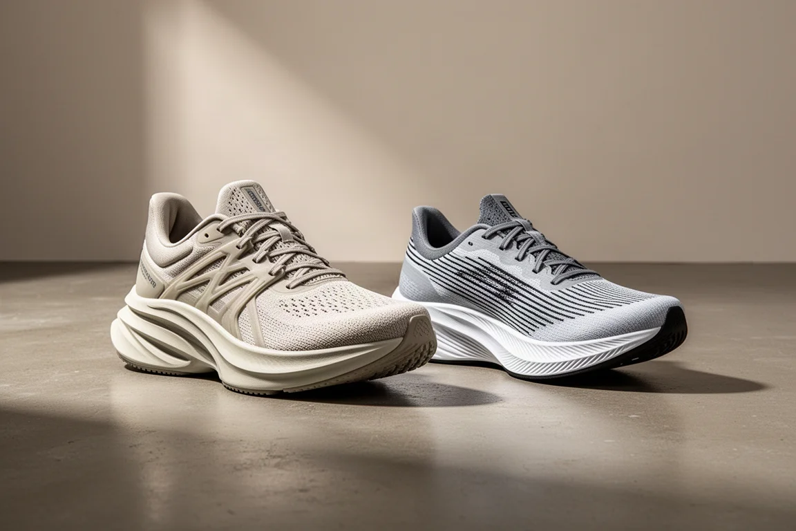 Asics Novablast 5 and Adidas Evo SL running shoes side by side on concrete