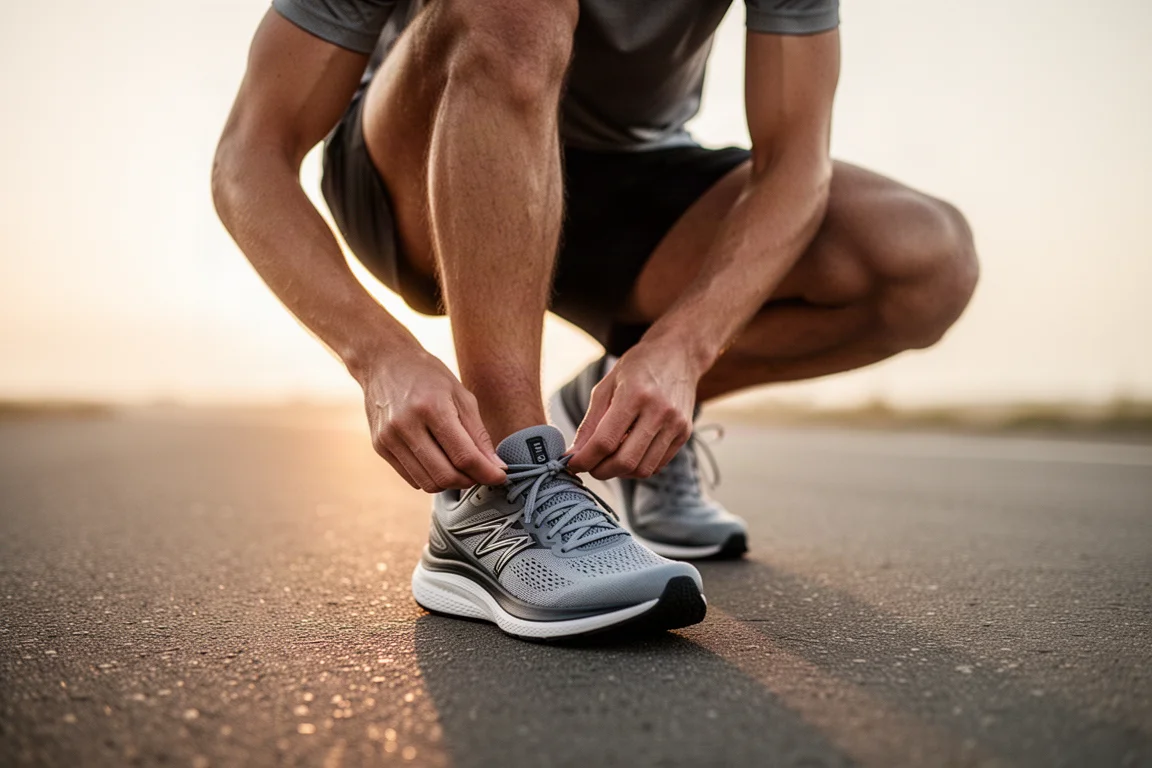 Un coureur attache les lacets d'une chaussure de running amortie dans une rue résidentielle calme