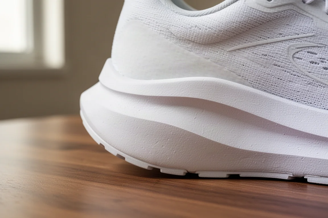 Gros plan sur la semelle intermédiaire amortie d'une chaussure de running posée sur une surface en bois